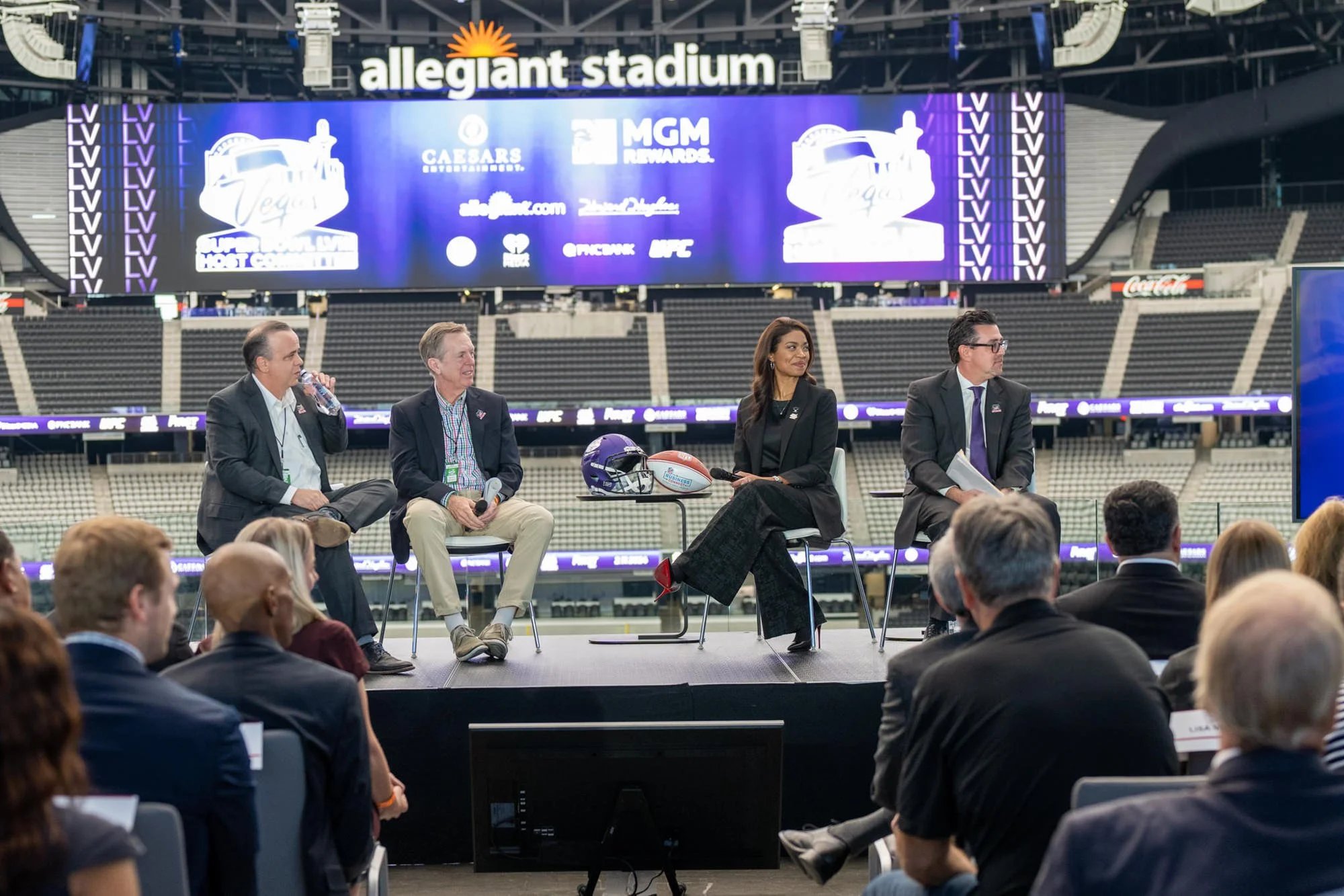 Sponsor panel on stage inside Allegiant Stadium, Las Vegas